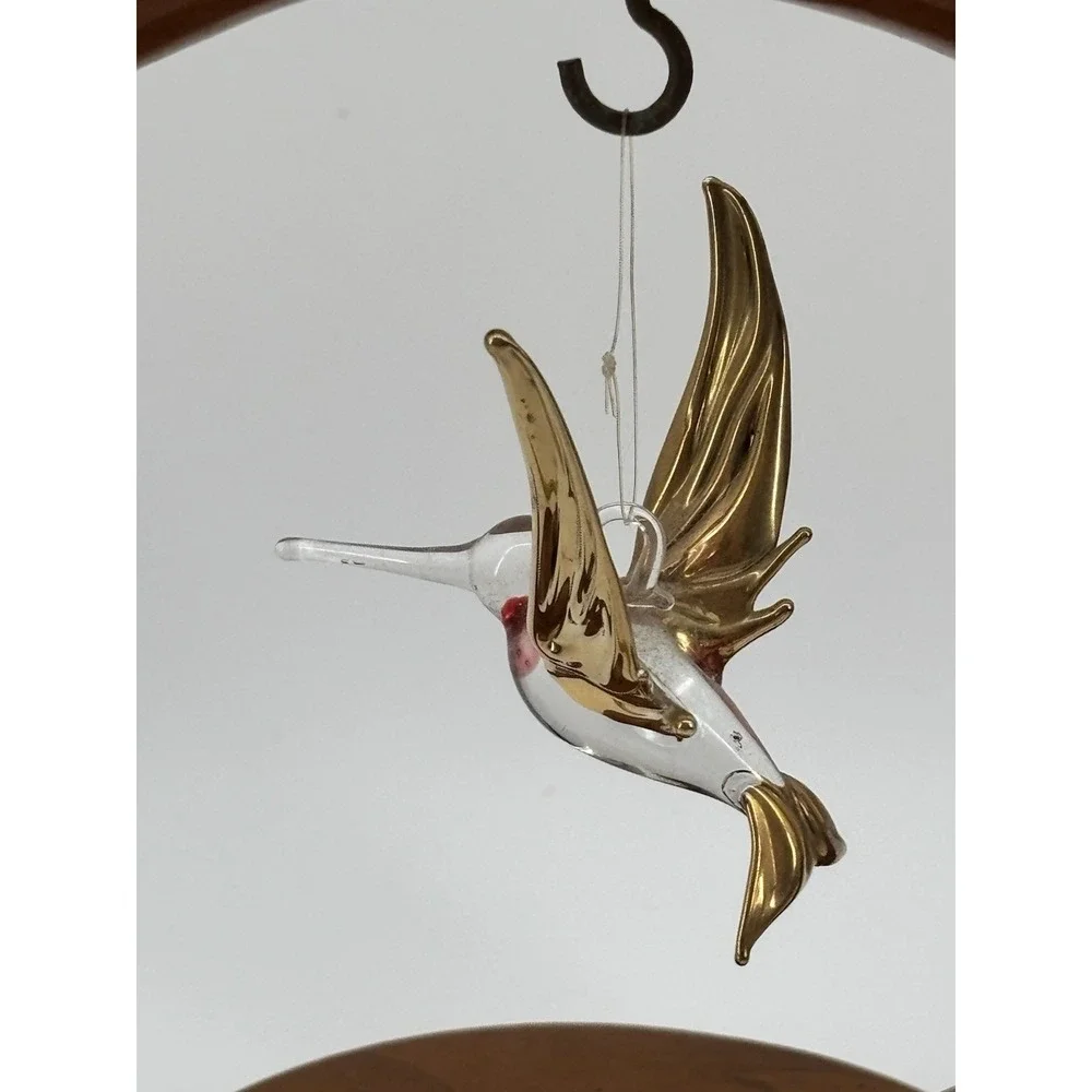 Vtg Wood Crescent Stand With Glass Hummingbird Moon Ornament Display‎ Holder 7